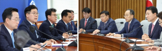 박찬대(왼쪽사진 왼쪽 두번째) 더불어민주당 원내대표와 추경호(오른쪽 사진 왼쪽 세번째) 국민의힘 원내대표가 21일 서울 여의도 국회에서 열린 원내대책회의에서 발언하고 있다. [연합뉴스]